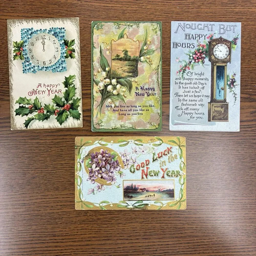 Antique Happy New Year Holiday Postcards Lot of 4 Early 1900s 1910 Gilt Embossed